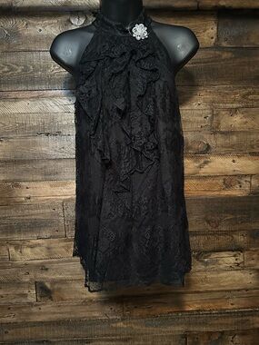 AB Studio Black Lace Ruffle Halter Blouse
